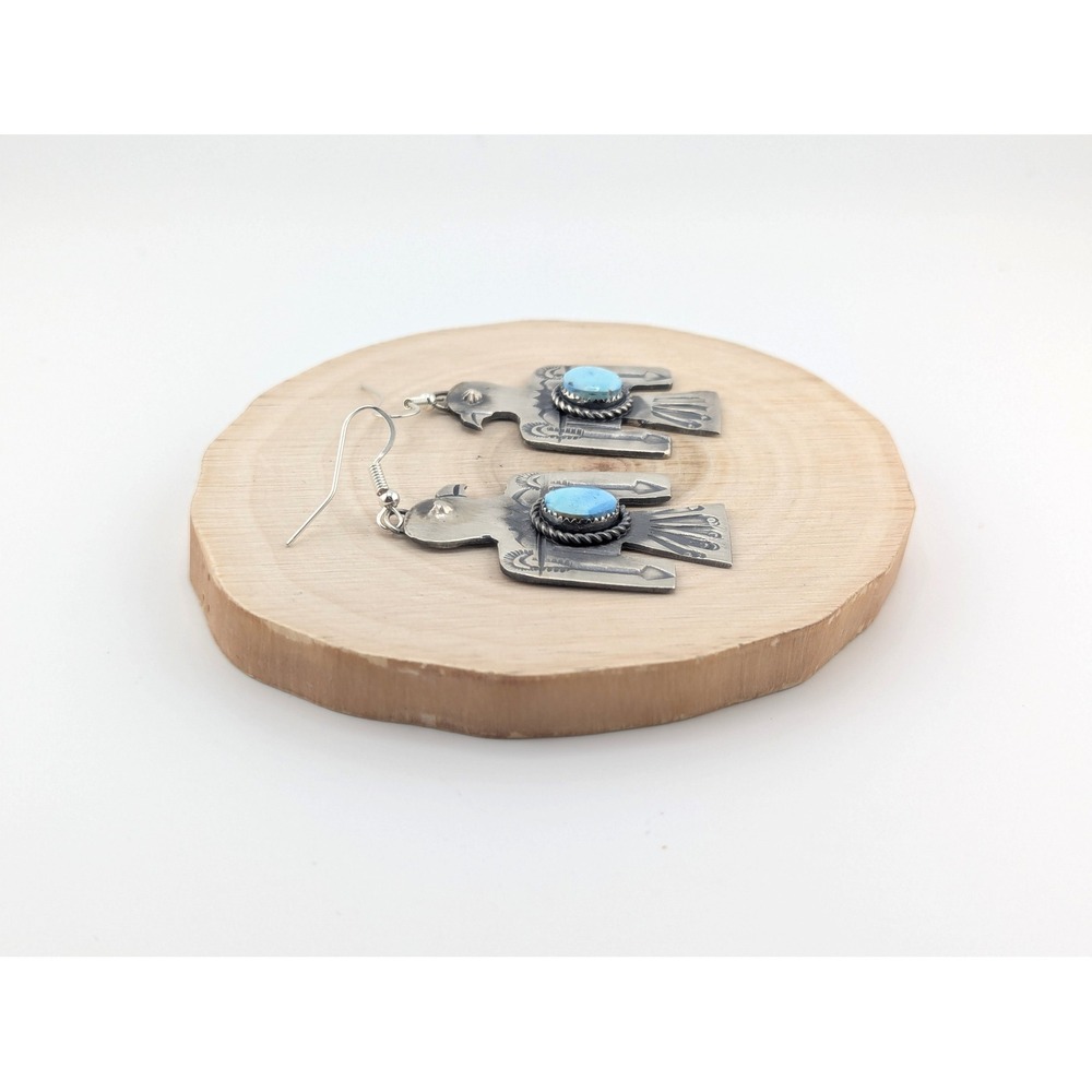 Navajo Thunderbird Golden Hills Turquoise Earrings Handmade NA Sterling Jewelry* - Picture 5 of 11